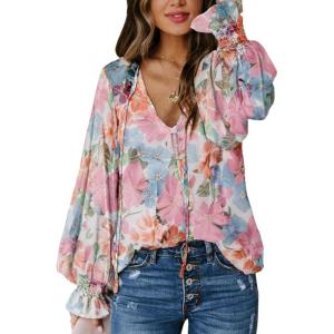 imageBiucly Womens Casual Boho Floral Print V Neck Long Sleeve Drawstring Tops Loose Blouses Button Down ShirtsC Z Flower Pink Blue
