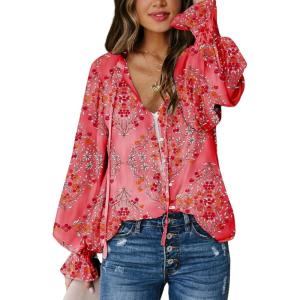 imageBiucly Womens Casual Boho Floral Print V Neck Long Sleeve Drawstring Tops Loose Blouses Button Down ShirtsC Z Flower Red