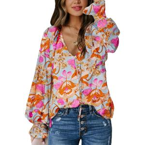 imageBiucly Womens Casual Boho Floral Print V Neck Long Sleeve Drawstring Tops Loose Blouses Button Down ShirtsC Z Flower Sky Blue