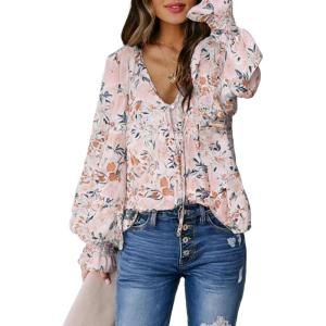 imageBiucly Womens Casual Boho Floral Print V Neck Long Sleeve Drawstring Tops Loose Blouses Button Down ShirtsCzflower Apricot
