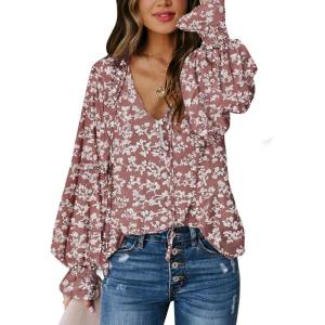 imageBiucly Womens Casual Boho Floral Print V Neck Long Sleeve Drawstring Tops Loose Blouses Button Down ShirtsCzflower Light Pink