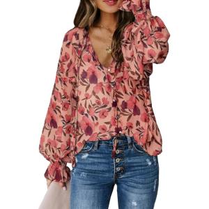 imageBiucly Womens Casual Boho Floral Print V Neck Long Sleeve Drawstring Tops Loose Blouses Button Down ShirtsCzflower Pink
