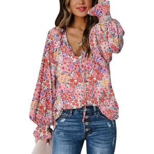 imageBiucly Womens Casual Boho Floral Print V Neck Long Sleeve Drawstring Tops Loose Blouses Button Down ShirtsCzflower Red
