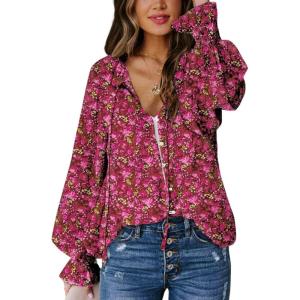 imageBiucly Womens Casual Boho Floral Print V Neck Long Sleeve Drawstring Tops Loose Blouses Button Down ShirtsCzflower Rose Pink