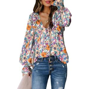 imageBiucly Womens Casual Boho Floral Print V Neck Long Sleeve Drawstring Tops Loose Blouses Button Down ShirtsCzflower Sky Blue