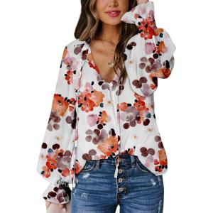 imageBiucly Womens Casual Boho Floral Print V Neck Long Sleeve Drawstring Tops Loose Blouses Button Down ShirtsCzflower White