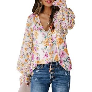 imageBiucly Womens Casual Boho Floral Print V Neck Long Sleeve Drawstring Tops Loose Blouses Button Down ShirtsMulticolor