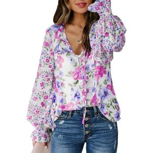 imageBiucly Womens Casual Boho Floral Print V Neck Long Sleeve Drawstring Tops Loose Blouses Button Down ShirtsRose