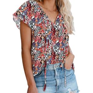 imageBiucly Womens Casual Boho Floral Print V Neck Long Sleeve Drawstring Tops Loose Blouses Button Down ShirtsZ Floral Blue