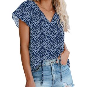 imageBiucly Womens Casual Boho Floral Print V Neck Long Sleeve Drawstring Tops Loose Blouses Button Down ShirtsZ Floral Dark Blue