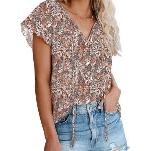 imageBiucly Womens Casual Boho Floral Print V Neck Long Sleeve Drawstring Tops Loose Blouses Button Down ShirtsZ Floral Khaki