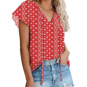 imageBiucly Womens Casual Boho Floral Print V Neck Long Sleeve Drawstring Tops Loose Blouses Button Down ShirtsZ Floral Red