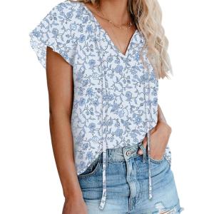imageBiucly Womens Casual Boho Floral Print V Neck Long Sleeve Drawstring Tops Loose Blouses Button Down ShirtsZ Floral Sky Blue