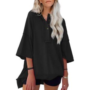 imageSHEWIN Loose Casual Henley V Neck Oversized TShirts for Women Short Sleeve Oversized Sweatshirt for Women A Black Medium