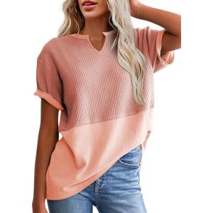 imageSHEWIN Womens Casual V Neck Waffle Knit Tops Short Sleeve T Shirts Loose BlousesB Apricot Pink