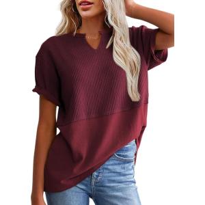 imageSHEWIN Womens Casual V Neck Waffle Knit Tops Short Sleeve T Shirts Loose BlousesB Dark Red