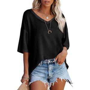 imageSHEWIN Womens Shirts Waffle Knit Tops for Women Short Sleeve V Neck T Shirts Summer TopsB Black