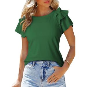 imageSHEWIN Womens Summer Tops Ruffle Short Sleeve T Shirts Casual Slim FitB Green