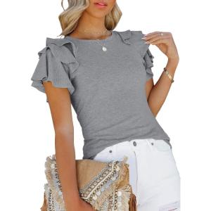 imageSHEWIN Womens Summer Tops Ruffle Short Sleeve T Shirts Casual Slim FitB Grey