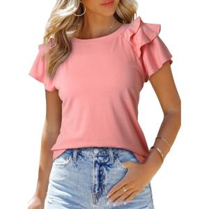 imageSHEWIN Womens Summer Tops Ruffle Short Sleeve T Shirts Casual Slim FitB Pink