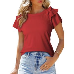 imageSHEWIN Womens Summer Tops Ruffle Short Sleeve T Shirts Casual Slim FitB Red