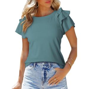 imageSHEWIN Womens Summer Tops Ruffle Short Sleeve T Shirts Casual Slim FitC Light Green