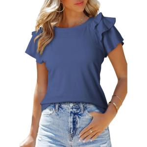 imageSHEWIN Womens Summer Tops Ruffle Short Sleeve T Shirts Casual Slim FitC Navy Blue