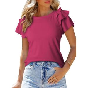 imageSHEWIN Womens Summer Tops Ruffle Short Sleeve T Shirts Casual Slim FitC Rose