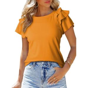imageSHEWIN Womens Summer Tops Ruffle Short Sleeve T Shirts Casual Slim FitC Yellow