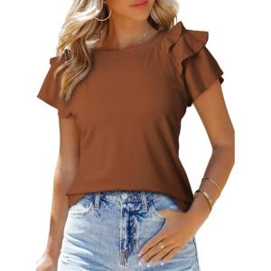 imageSHEWIN Womens Summer Tops Ruffle Short Sleeve T Shirts Casual Slim FitD Brown