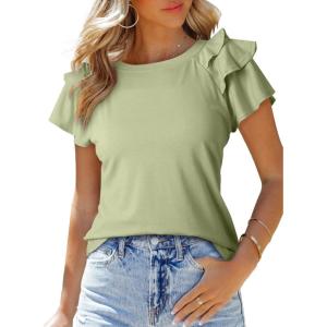 imageSHEWIN Womens Summer Tops Ruffle Short Sleeve T Shirts Casual Slim FitD Grass Green