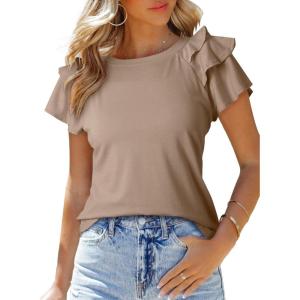 imageSHEWIN Womens Summer Tops Ruffle Short Sleeve T Shirts Casual Slim FitD Khaki