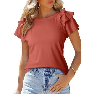 imageSHEWIN Womens Summer Tops Ruffle Short Sleeve T Shirts Casual Slim FitD Orange