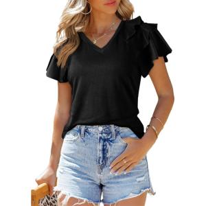 imageSHEWIN Womens Summer Tops Ruffle Short Sleeve T Shirts Casual Slim FitV Black