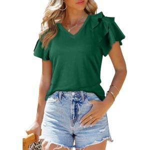 imageSHEWIN Womens Summer Tops Ruffle Short Sleeve T Shirts Casual Slim FitV Green