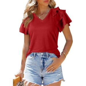 imageSHEWIN Womens Summer Tops Ruffle Short Sleeve T Shirts Casual Slim FitV Red