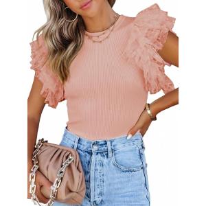 imageSHEWIN Womens Tops Casual Short Sleeve Shirts Crewneck Tshirts Shirts Spring Tops for Women 2025Dpink