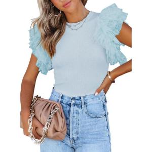 imageSHEWIN Womens Tops Casual Short Sleeve Shirts Crewneck Tshirts Shirts Spring Tops for Women 2025Gsky Blue