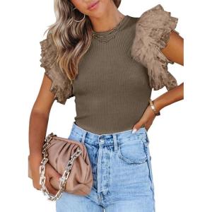 imageSHEWIN Womens Tops Casual Short Sleeve Shirts Crewneck Tshirts Shirts Spring Tops for Women 2025Ibrown