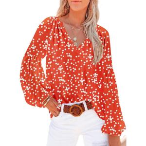 imageSHEWIN Womens Casual Boho Floral Print V Neck Long Sleeve Loose Blouses Shirts Tops2 Alicia Floral Red