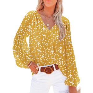 imageSHEWIN Womens Casual Boho Floral Print V Neck Long Sleeve Loose Blouses Shirts Tops2 Alicia Floral Yellow