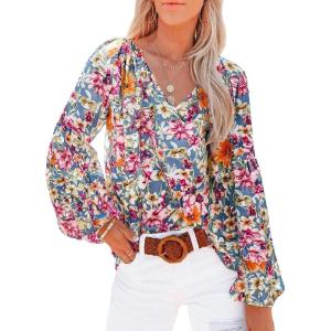 imageSHEWIN Womens Casual Boho Floral Print V Neck Long Sleeve Loose Blouses Shirts Tops2 Floral Purple