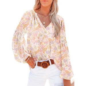 imageSHEWIN Womens Casual Boho Floral Print V Neck Long Sleeve Loose Blouses Shirts Tops2 New Floral Apricot