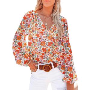 imageSHEWIN Womens Casual Boho Floral Print V Neck Long Sleeve Loose Blouses Shirts Tops2 New Floral Orange