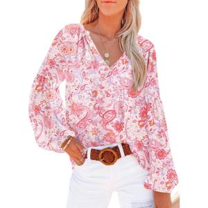 imageSHEWIN Womens Casual Boho Floral Print V Neck Long Sleeve Loose Blouses Shirts Tops2 New Floral Pink