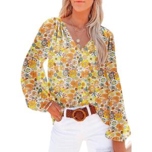 imageSHEWIN Womens Casual Boho Floral Print V Neck Long Sleeve Loose Blouses Shirts Tops2 New Floral Yellow