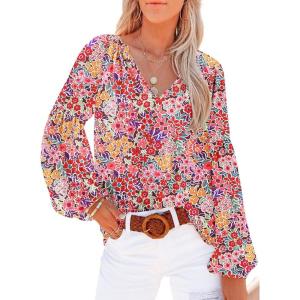 imageSHEWIN Womens Casual Boho Floral Print V Neck Long Sleeve Loose Blouses Shirts Tops2 Red