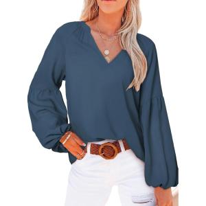 imageSHEWIN Womens Casual Boho Floral Print V Neck Long Sleeve Loose Blouses Shirts Tops4 Blue