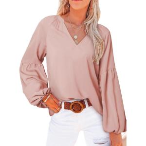 imageSHEWIN Womens Casual Boho Floral Print V Neck Long Sleeve Loose Blouses Shirts Tops4 Pink