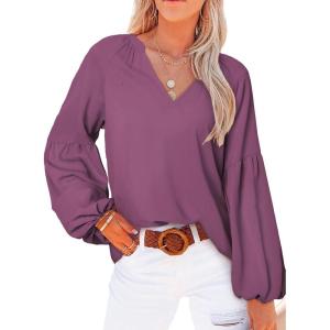 imageSHEWIN Womens Casual Boho Floral Print V Neck Long Sleeve Loose Blouses Shirts Tops4 Purple